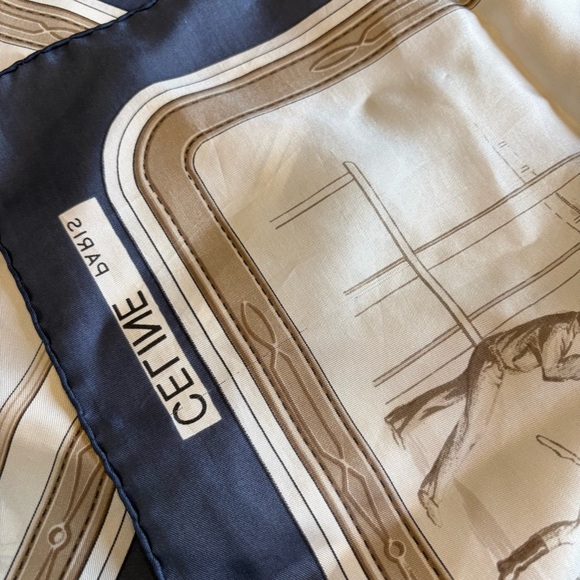 Celine Silk Scarf Horse Racing Blue Steed Riders Races Vintage Large Picture - Picture 8 of 12